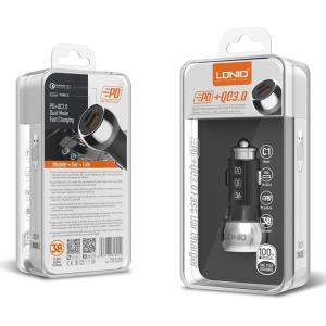 LDNIO φορτιστής αυτοκινήτου C1 με καλώδιο, USB & USB-C, 38W PD, μαύρος | eLabstore.gr