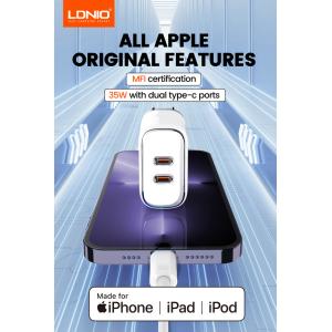 LDNIO φορτιστής τοίχου A2528M με καλώδιο, 2x USB-C, 35W, MFi, λευκό | Αξεσουάρ κινητών | elabstore.gr