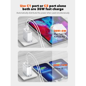 LDNIO φορτιστής τοίχου A2528M με καλώδιο, 2x USB-C, 35W, MFi, λευκό | Αξεσουάρ κινητών | elabstore.gr
