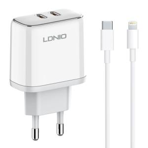 LDNIO φορτιστής τοίχου A2528M με καλώδιο, 2x USB-C, 35W, MFi, λευκό | Αξεσουάρ κινητών | elabstore.gr