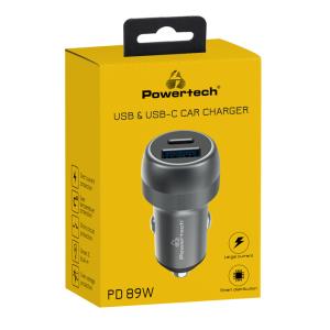 POWERTECH φορτιστής αυτοκινήτου PT-1148, USB & USB-C, 89W PD & QC, γκρι | Αξεσουάρ κινητών | elabstore.gr