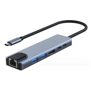 POWERTECH docking station PTH-111, 6 θυρών, USB-C σύνδεση, 100W PD, γκρι | Συνοδευτικά PC | elabstore.gr