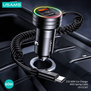 USAMS φορτιστής αυτοκινήτου US-CC167 με καλώδιο, USB/USB-C, 60W, μαύρος | Αξεσουάρ κινητών | elabstore.gr