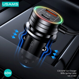 USAMS φορτιστής αυτοκινήτου US-CC167 με καλώδιο, USB/USB-C, 60W, μαύρος | Αξεσουάρ κινητών | elabstore.gr