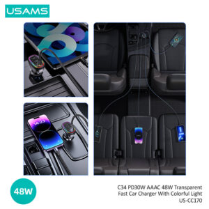 USAMS φορτιστής αυτοκινήτου US-CC170, 3x USB & 1x USB-C, 48W, PD, μαύρος | Αξεσουάρ κινητών | elabstore.gr