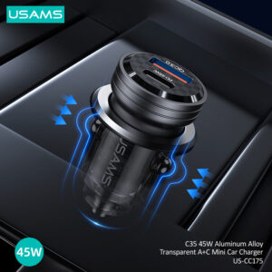 USAMS φορτιστής αυτοκινήτου US-CC175, USB & USB-C, 45W, QC & PD, μωβ | Αξεσουάρ κινητών | elabstore.gr