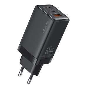 USAMS φορτιστής τοίχου US-CC180, USB & 2x USB-C, 65W PD, GaN, μαύρος | Αξεσουάρ κινητών | elabstore.gr