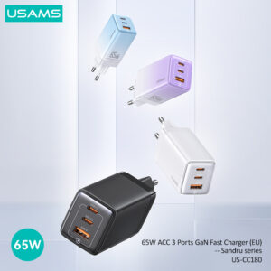 USAMS φορτιστής τοίχου US-CC180, USB & 2x USB-C, 65W PD, GaN, λευκός | Αξεσουάρ κινητών | elabstore.gr