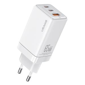 USAMS φορτιστής τοίχου US-CC180, USB & 2x USB-C, 65W PD, GaN, λευκός | Αξεσουάρ κινητών | elabstore.gr