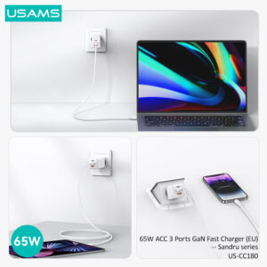 USAMS φορτιστής τοίχου US-CC180, USB & 2x USB-C, 65W PD, GaN, λευκός | Αξεσουάρ κινητών | elabstore.gr