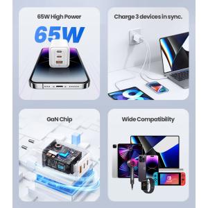 USAMS φορτιστής τοίχου US-CC180, USB & 2x USB-C, 65W PD, GaN, μωβ | Αξεσουάρ κινητών | elabstore.gr