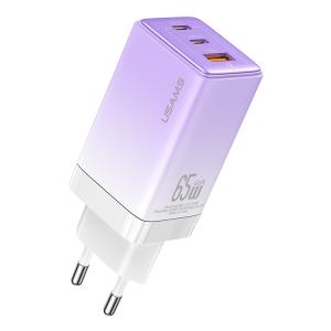 USAMS φορτιστής τοίχου US-CC180, USB & 2x USB-C, 65W PD, GaN, μωβ | Αξεσουάρ κινητών | elabstore.gr