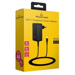 POWERTECH τροφοδοτικό laptop PT-1155, USB-C PD, universal, 45W, μαύρο | Αξεσουάρ για Laptop | elabstore.gr