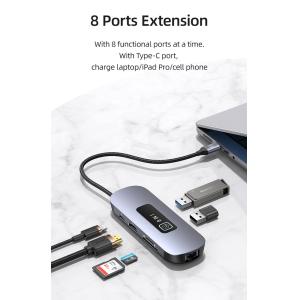 USAMS docking station US-SJ643, 8 θυρών, USB-C, 4K, 100W PD, LAN, γκρι | Συνοδευτικά PC | elabstore.gr