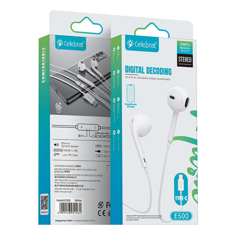 CELEBRAT earphones με μικρόφωνο E500, USB-C, 1.2m, λευκά | eLabstore.gr CELEBRAT earphones με μικρόφωνο E500, USB-C, 1.2m, λευκά | Αξεσουάρ κινητών | elabstore.gr