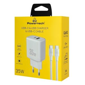 POWERTECH φορτιστής τοίχου PT-1179, καλώδιο, USB/USB-C, 35W, GaN, λευκός | Αξεσουάρ κινητών | elabstore.gr