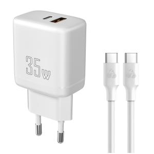 POWERTECH φορτιστής τοίχου PT-1179, καλώδιο, USB/USB-C, 35W, GaN, λευκός | Αξεσουάρ κινητών | elabstore.gr