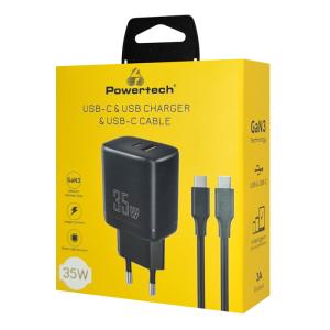 POWERTECH φορτιστής τοίχου PT-1180, καλώδιο, USB/USB-C, 35W, GaN, μαύρος | Αξεσουάρ κινητών | elabstore.gr