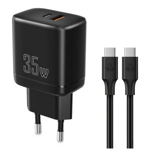 POWERTECH φορτιστής τοίχου PT-1180, καλώδιο, USB/USB-C, 35W, GaN, μαύρος | Αξεσουάρ κινητών | elabstore.gr