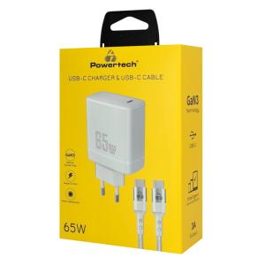 POWERTECH φορτιστής τοίχου PT-1181 με καλώδιο, USB-C, 65W, GaN, λευκός | Αξεσουάρ κινητών | elabstore.gr
