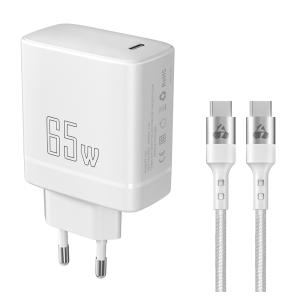 POWERTECH φορτιστής τοίχου PT-1181 με καλώδιο, USB-C, 65W, GaN, λευκός | Αξεσουάρ κινητών | elabstore.gr