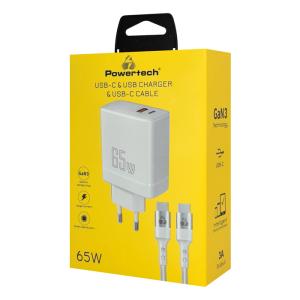 POWERTECH φορτιστής τοίχου PT-1182, καλώδιο, USB/USB-C, 65W, GaN, λευκός | Αξεσουάρ κινητών | elabstore.gr