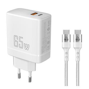 POWERTECH φορτιστής τοίχου PT-1182, καλώδιο, USB/USB-C, 65W, GaN, λευκός | Αξεσουάρ κινητών | elabstore.gr