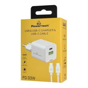 POWERTECH φορτιστής τοίχου PT-1224, καλώδιο, USB/USB-C, 33W, GaN, λευκός | Αξεσουάρ κινητών | elabstore.gr