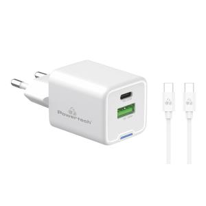 POWERTECH φορτιστής τοίχου PT-1224, καλώδιο, USB/USB-C, 33W, GaN, λευκός | Αξεσουάρ κινητών | elabstore.gr