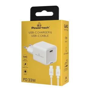 POWERTECH φορτιστής τοίχου PT-1225 με καλώδιο, USB-C, 33W, GaN, λευκός | Αξεσουάρ κινητών | elabstore.gr