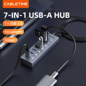 CABLETIME USB hub CT-HUBU7-AG, 7x θυρών, 5Gbps, USB σύνδεση, 1m, γκρι | Συνοδευτικά PC | elabstore.gr
