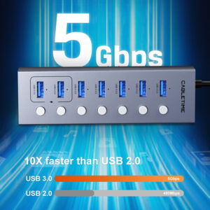 CABLETIME USB hub CT-HUBU7-AG, 7x θυρών, 5Gbps, USB σύνδεση, 1m, γκρι | Συνοδευτικά PC | elabstore.gr