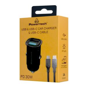 POWERTECH φορτιστής αυτοκινήτου PT-1229, καλώδιο, USB/USB-C, 30W, μαύρος | Αξεσουάρ κινητών | elabstore.gr