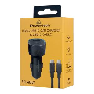 POWERTECH φορτιστής αυτοκινήτου PT-1230, καλώδιο, USB/USB-C, 48W, μαύρος | Αξεσουάρ κινητών | elabstore.gr