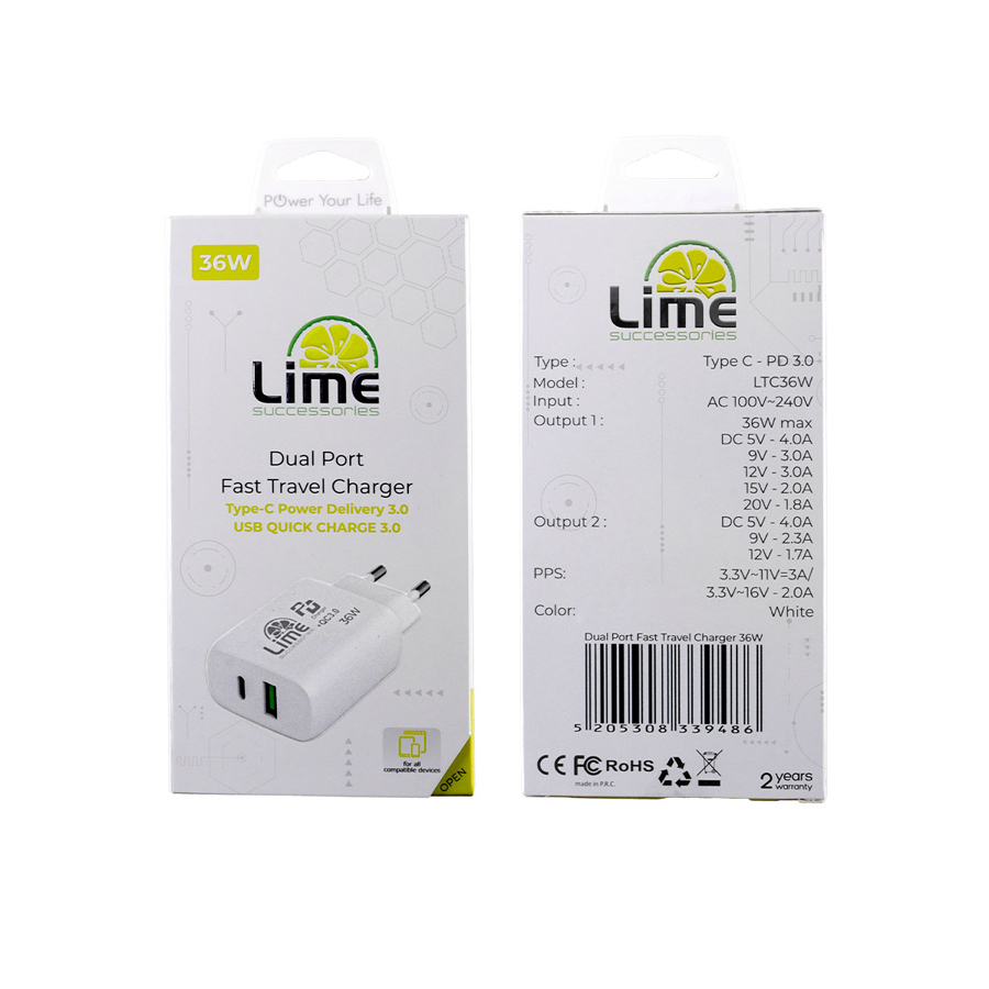 Universal Type-C PD 3.0 Dual Super Fast Travel Wall Charger 36W 4.0A & USB QC 3.0 21W max 36W Lime L | eLabstore.gr Universal Type-C PD 3.0 Dual Super Fast Travel Wall Charger 36W 4.0A & USB QC 3.0 21W max 36W Lime L | Περιφερειακά | elabstore.gr