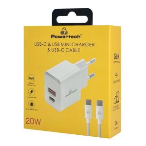POWERTECH φορτιστής τοίχου PT-1248, καλώδιο, USB/USB-C, 20W, GaN, λευκός | Αξεσουάρ κινητών | elabstore.gr