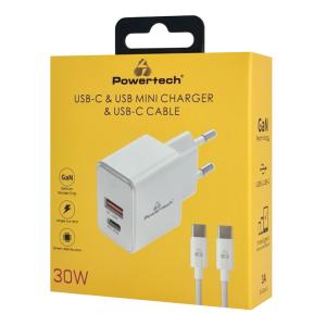 POWERTECH φορτιστής τοίχου PT-1249, καλώδιο, USB/USB-C, 30W, GaN, λευκός | Αξεσουάρ κινητών | elabstore.gr