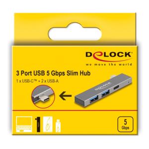 DELOCK USB hub 64275, 3x θυρών, 5Gbps, USB-C σύνδεση, γκρι | Συνοδευτικά PC | elabstore.gr