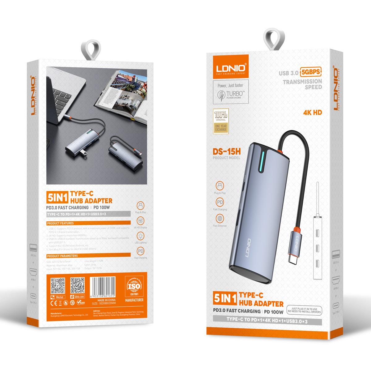 LDNIO docking station DS-15H, 5 θυρών, USB-C σύνδεση, 4K, 100W PD, γκρι | eLabstore.gr LDNIO docking station DS-15H, 5 θυρών, USB-C σύνδεση, 4K, 100W PD, γκρι | Συνοδευτικά PC | elabstore.gr