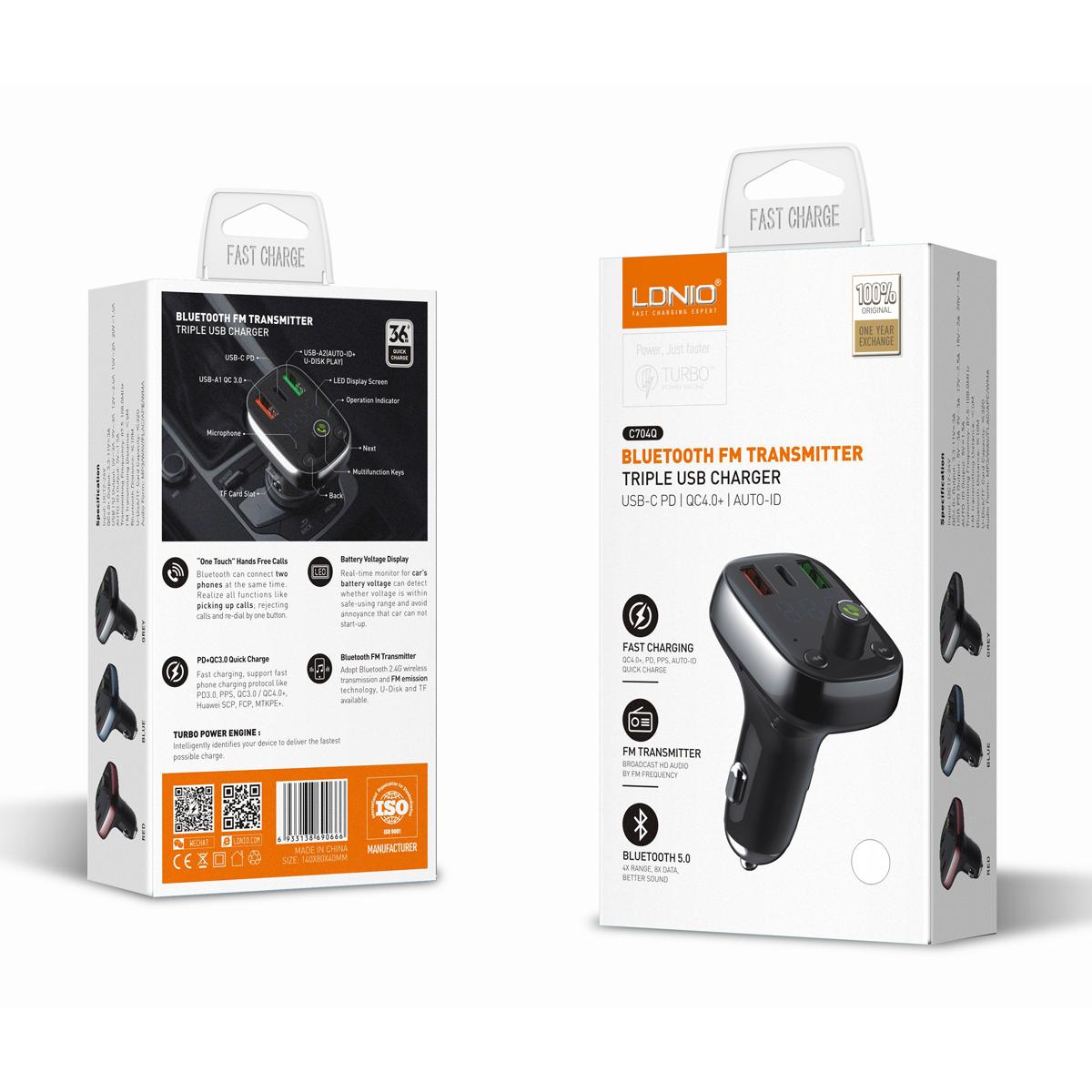 LDNIO FM Transmitter & φορτιστής C704Q, 2x USB/1x USB-C, 36W, Bluetooth, μαύρο | eLabstore.gr LDNIO FM Transmitter & φορτιστής C704Q, 2x USB/1x USB-C, 36W, Bluetooth, μαύρο | Gadgets - Αξεσουάρ | elabstore.gr