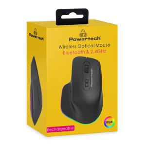 POWERTECH ασύρματο gaming ποντίκι PT-1253, 2.4GHz & Bluetooth, 1600DPI, 650mAh, RGB, μαύρο | Συνοδευτικά PC | elabstore.gr