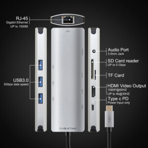 CABLETIME docking station CT-CMHD91, 9 θυρών, USB-C σύνδεση, 4K, 100W, γκρι | Συνοδευτικά PC | elabstore.gr