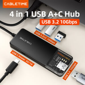 CABLETIME USB hub CT-HUBT5-PB, 4x θυρών, 10Gbps, USB/USB-C σύνδεση, μαύρο | Συνοδευτικά PC | elabstore.gr