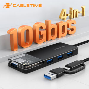 CABLETIME USB hub CT-HUBT5-PB, 4x θυρών, 10Gbps, USB/USB-C σύνδεση, μαύρο | Συνοδευτικά PC | elabstore.gr