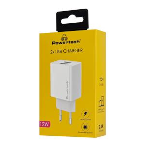 POWERTECH φορτιστής τοίχου PT-1321, 2x USB, 12W, λευκός | Αξεσουάρ κινητών | elabstore.gr