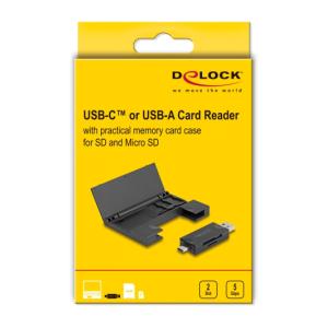 DELOCK card reader 91014 για SD & micro SD, με θήκη, USB/USB-C, 5Gbps, μαύρο | Συνοδευτικά PC | elabstore.gr