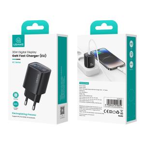 USAMS φορτιστής τοίχου US-CC229, USB & USB-C, 30W, GaN, μαύρος | Αξεσουάρ κινητών | elabstore.gr