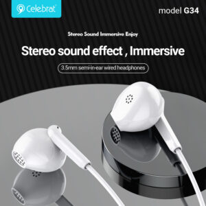 CELEBRAT earphones με μικρόφωνο G34, 3.5mm σύνδεση, 14mm, 1.2m, λευκά | Αξεσουάρ κινητών | elabstore.gr