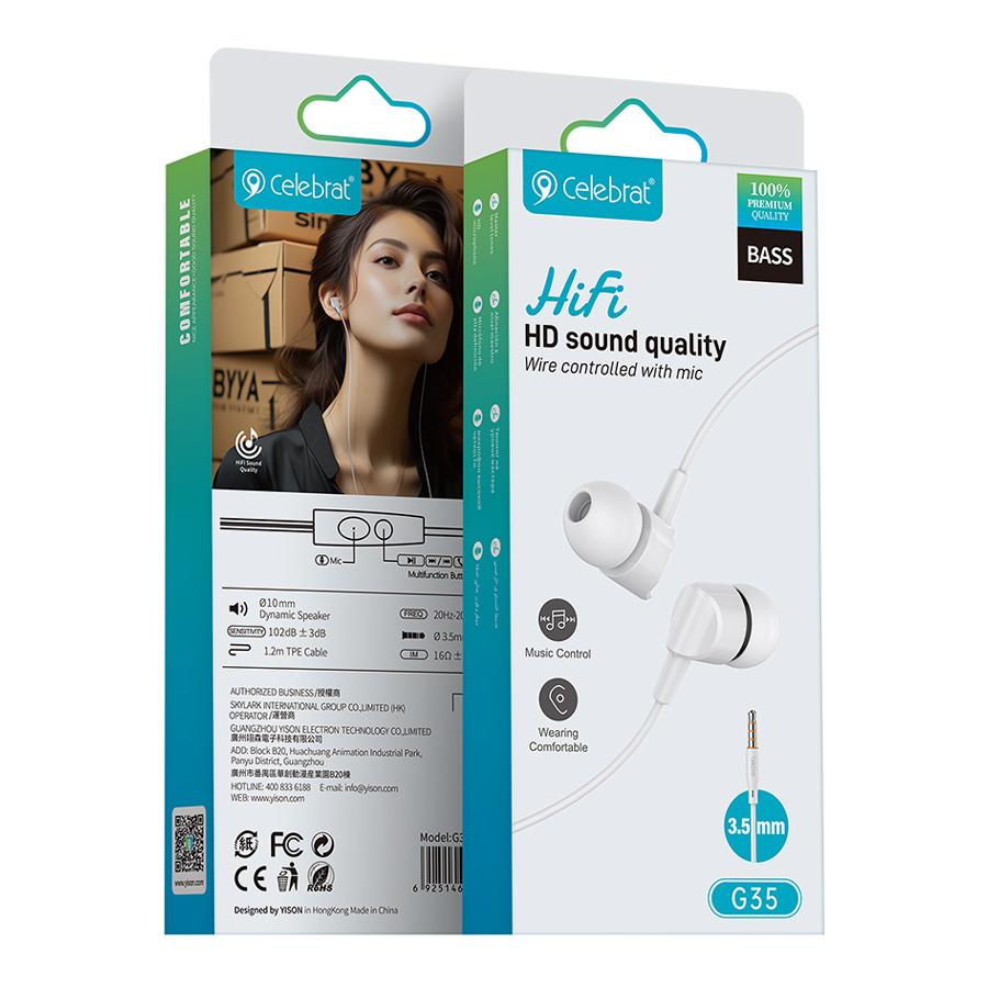 CELEBRAT earphones με μικρόφωνο G35, 3.5mm σύνδεση, 10mm, 1.2m, λευκά | eLabstore.gr CELEBRAT earphones με μικρόφωνο G35, 3.5mm σύνδεση, 10mm, 1.2m, λευκά | Αξεσουάρ κινητών | elabstore.gr