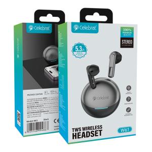 CELEBRAT earphones με θήκη φόρτισης W61, True Wireless, 13mm, 25/200mAh, μαύρα | Αξεσουάρ κινητών | elabstore.gr